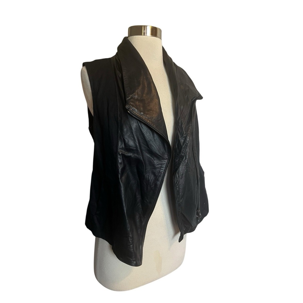 VINCE Leather & Linen Moto Vest Size Small Black Asymmetric Zip Cropped